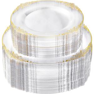 100 PCS Clear and Gold Plastic Plates for 50 Guests, Clear Disposable Plates Include 50 PCS Dinner Plates, 50 PCS Dessert Plates for Party, Wedding and Graduation