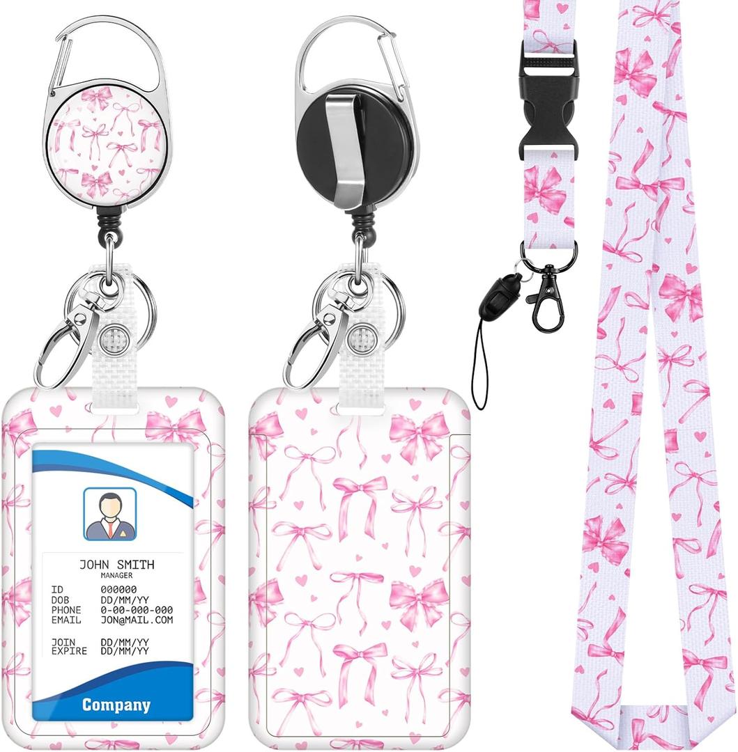 Bow Lanyards for ID Badges Holder Valentines Day Badge Reel Retractable with Clip Funny Badge Holder with Pink Lanyard for Workers Students Teachers Nurse