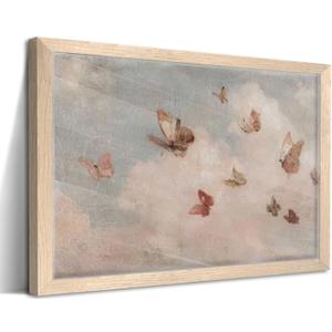 Framed Vintage Butterfly Cloud Wall Art Rustic Cottagecore Canvas Print French Country Painting Poster Nursery Girls Picture Wall Decor for Bedroom Livingroom 12x16 Inches Ready to Hang
