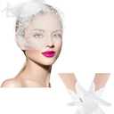 Geyoga 50s Fascinator Hat for Women Funeral Veil Hat Pillbox Cocktail Tea Party Headpiece and Lace Glove (White)