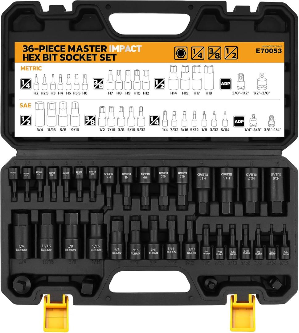Hex Bit Impact Socket Set: 36-Piece with 4 Adapters, 1/4", 3/8", 1/2"Drive Master Allen Socket Set, Cr-V Steel, SAE and Metric, H5-H19 & 3/4"-5/64", Reinforced Storage Case, Automotive Mechanic