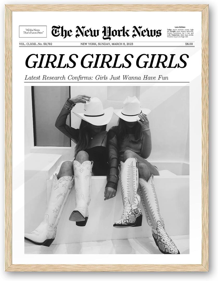 iHery Girls Just Wanna Have Fun Framed Trendy Cowgirl NewsPaper Wall Art, 12x16in Natural OAK Wood Black and White Canvas Wall Decor For Bedroom Dorm Living Room,Vintage Bar Car Home Dcor 1Pack