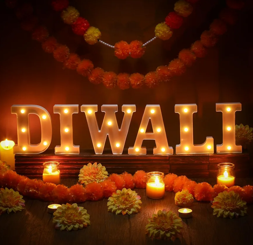 6 Pcs Diwali Light up Letters 6.3 Inch Battery Powered Letter Sign Diwali Decor for Home Mandir Table Decoration Items Marquee Night Lights Indian Hindu Pooja Room Light for Puja Party Festival Gifts