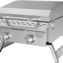 Megamaster 2-Burner Stainless Steel Portable Gas Grill with Built-In Lid, 16,000 BTUs, Foldable Legs, Small Propane Grill for Outdoor Cooking, Camping, Tailgating, Patios, and More - 820-0033M
