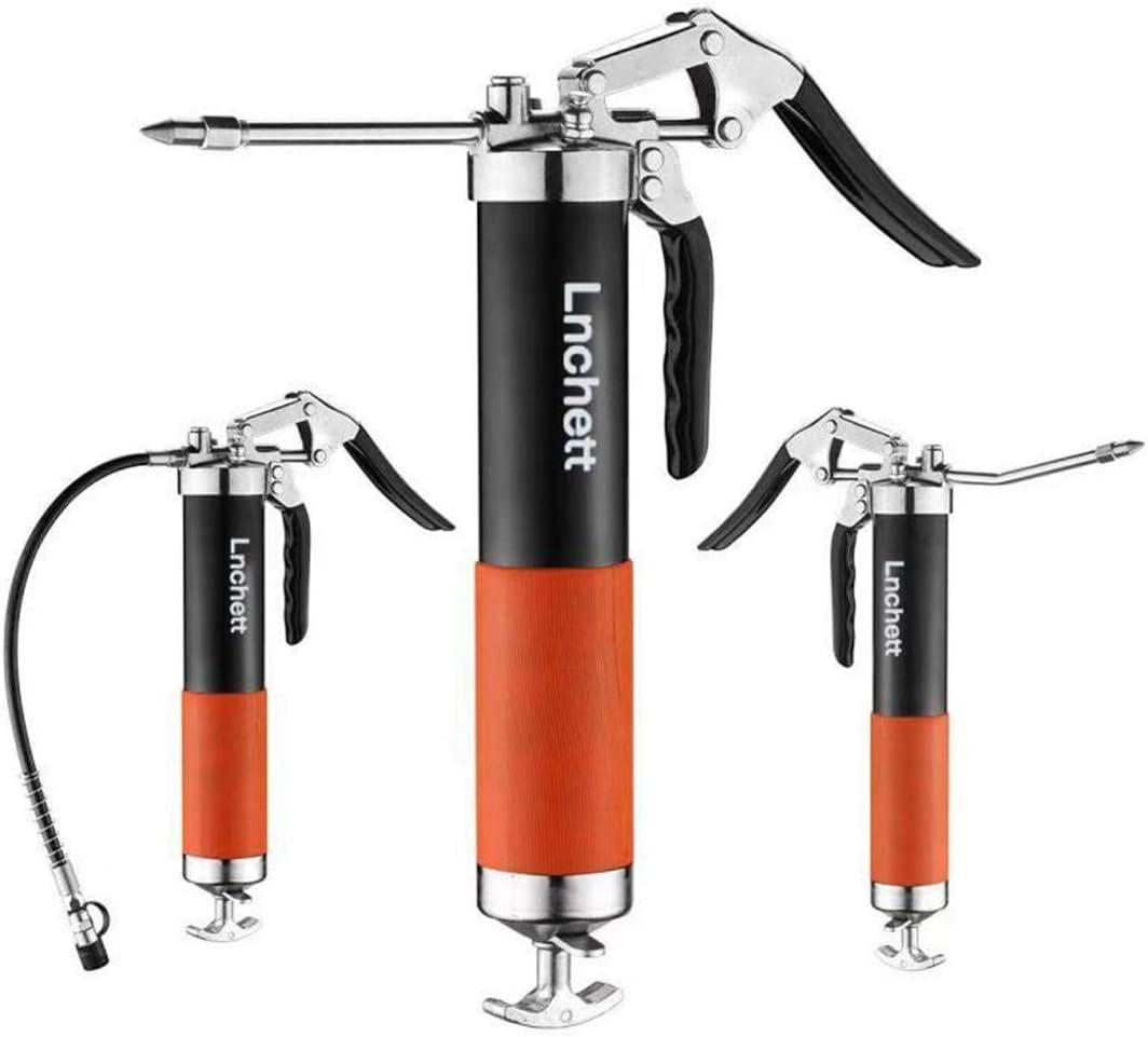 Grease Gun with Quick Release Coupler and Towel, 9000 PSI Professional Heavy Duty 14 oz Grease Gun with 18 Inch Spring Flex Hose, 1 Reinforced Coupler, 2 Extension Rigid Pipe and1 Sharp Nozzle