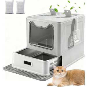 Stainless Steel Cat Litter Box with Lid and Drawer, Enclosed XXL Litter Box for Large Cats Includes Litter Mat & Scoop, Enclosed