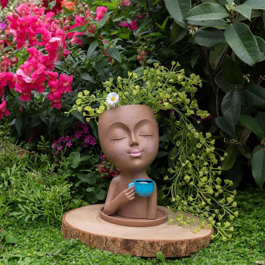 Face Planter Pot Head Planters, Cute Girl Faces Plant Pot, Bust Statue Flower Pots, Round Women Succulent Pots for Indoor Outdoor Brown