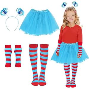 Blue Tutu Skirt, Ponytail Headband, Blue Red Striped Fingerless Gloves, Over Knee High Socks XXL