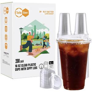 Turbo Bee 16 OZ 200 Sets Clear Plastic Cups with Strawless Sip Lids, To Go Crystal Clear Disposable Plastic Cups with Lids for Iced Coffee, Smoothies, Soda, Lemonade, Cold Beverage
