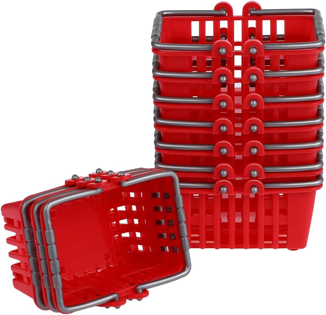 NUOBESTY 10Pcs Mini Shopping Basket Mini Supermarket Cart Tiny Plastic Retail Shopping Baskets with Handles for Kids Party Favors Dool House Ornament Red 2.7x1.2x1.3 Inch