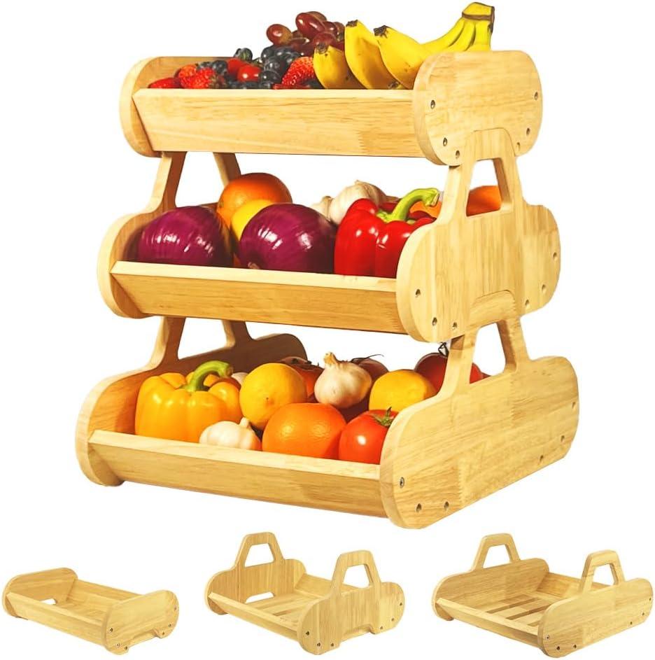 Fruit Basket for Kitchen Counter, 3 Tier Wood Fruit Bowl with Handle, Ideal for Vegetable Storage, Bread Basket, Snack Organizer, Stackable and Separable