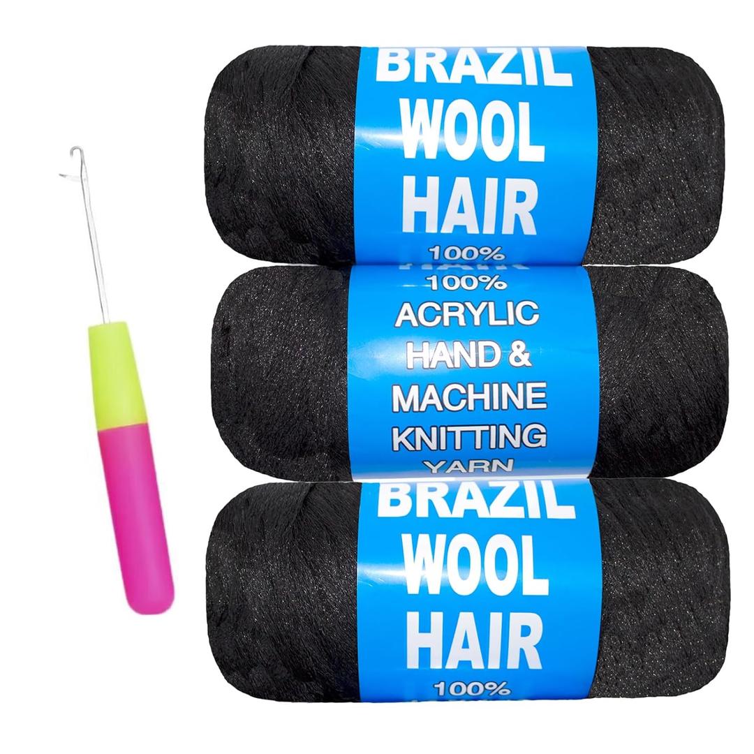 3 Roll Natural Black Brazilian Wool Hair Yarn for Jumbo Braids Braiding Hair for Soft Faux Locs Goddess Locs Hair Extension Senegalese Twist Crochet Hair for Black Women (1B,3Roll)