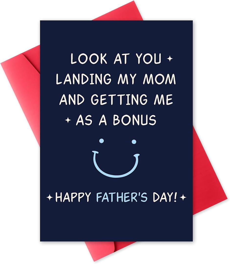 11 x Funny Fathers Day Card from Daughter, Son or Kids Hilarious Fathers Day Gift for Stepdad Greeting Cards - Bonus Dad Card - Premium 5x8 Cardstock with Envelope Blank Inside for Personalized Message