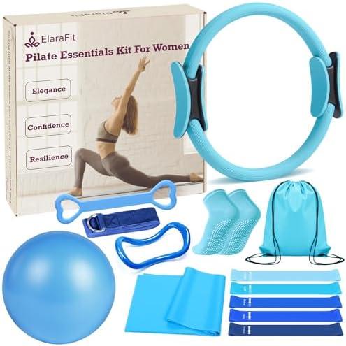 ElaraFit Home Pilates Kit for Women Pilates Equipment Ring and Ball Set Magic Circle Hoop with 5 Resistance Bands Compact Toning Fitness Essentials Starter Set Accessories
