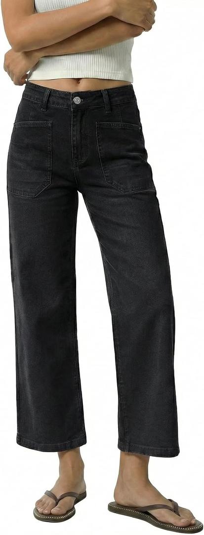 GRAPENT Wide Leg Jeans Woman Trendy Cropped High Waisted Patch Pocket Stretch Denim Pants Baggy Loose Straight Leg Jeans (Black, M)