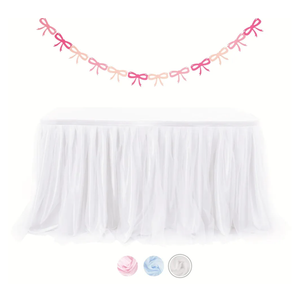 Phantomon 6ft Tulle Table Skirt for Baby Showers Ruffle Tutu Tablecloth for Rectangle or Round Tables, Desk Skirt for Birthday Party, and Dessert Table Decorations with Bow Banner Set (White)