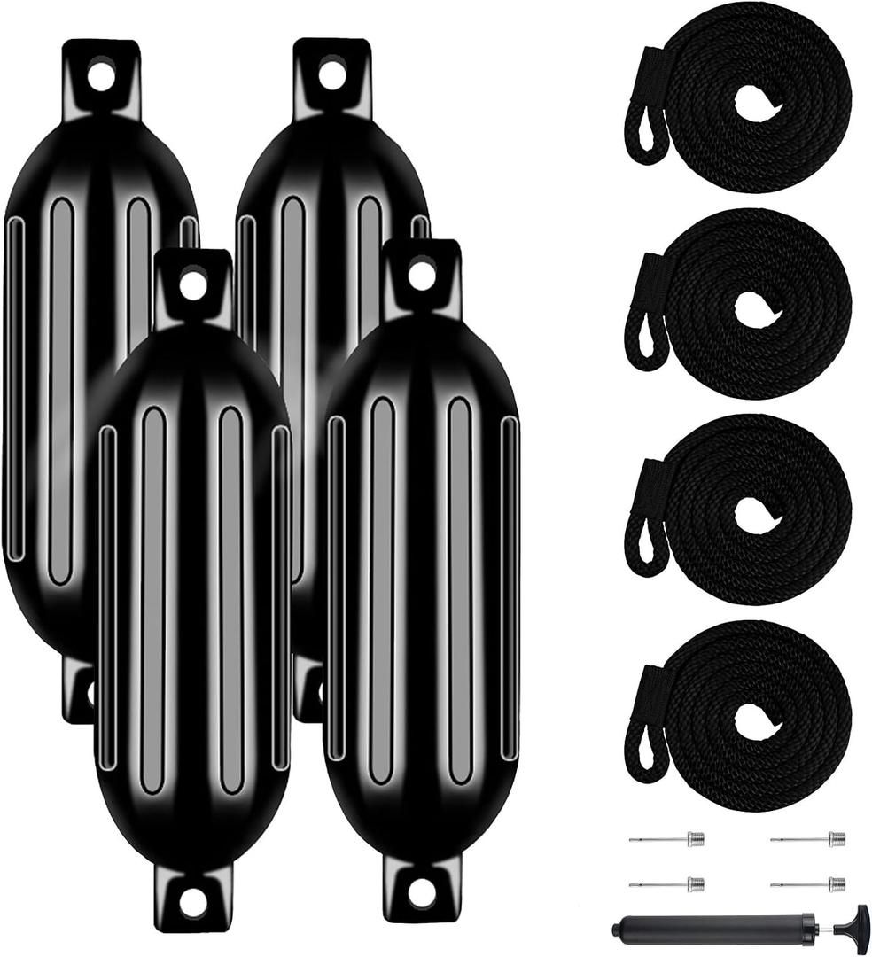 VEITHI Boat Fenders Black 4 Pack, Ribbed Twin Eyes Vinyl Boat Fenders Bumpers, Boat Bumpers for Docking Come with Ropes Needles and Pump to Inflate, Small Bumpers of Boats 4.5 x 16 inch