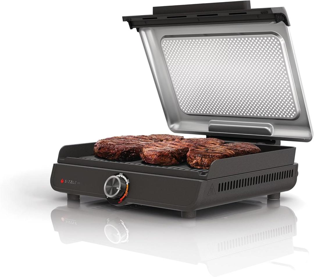 Ninja GR100 Sizzle Smokeless Indoor Grill with Nonstick Grill Plate, Dishwasher-Safe Removable Mesh Lid, 500F Max Heat, Even Edge-to-Edge Cooking, Black