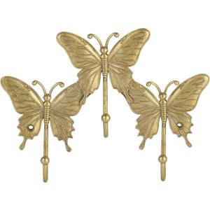 SOFFEE DESIGN Butterfly Gold Metal Wall Rack, Tiered Entryway Organizer with 3 Hooks, Fluttering Wing Design for Keys