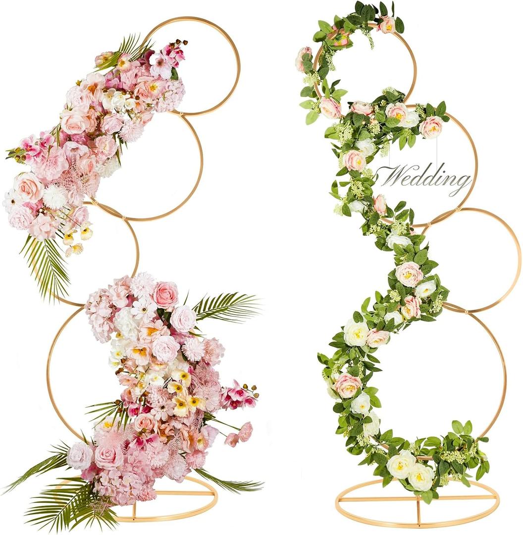 5Ft Round Wedding Arch Stand, 4 Tier Gold Metal Flower Arch Frame for Photo Balloon Booth Background, 2Pcs Flower Stand for Wedding Table Centerpiece Birthday Party Event Display Backdrop Decor