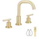 GGStudy 360° Swivel Spout 2 Handles 3 Holes 8 inch Widespread Bathroom Sink Faucet Brushed Gold Matching with Pop Up Drain
