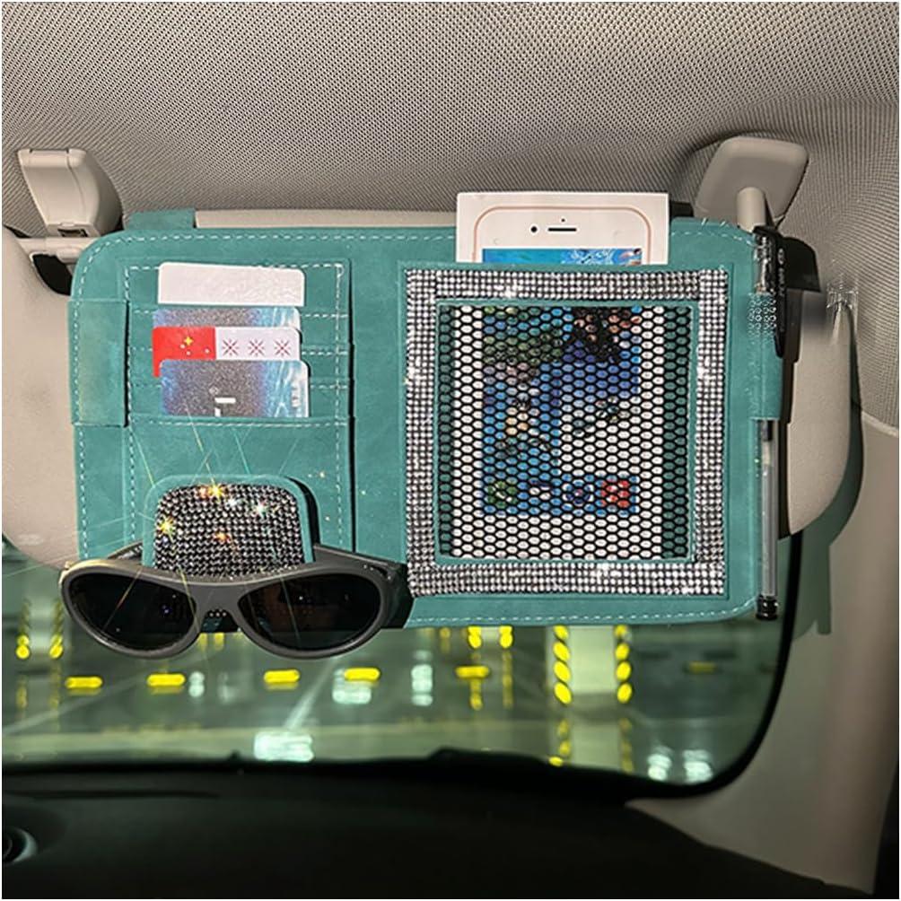 BESULEN Bling Car Sun Visor Organizer, Multi-Pocket Crystal Rhinestone Leather Vehicle Sunvisor Storage Pouch, Sparkling Diamond Auto Sunshade Eyeglasses Card Pen Holder, Universal Fit (Blue)