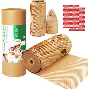 Honeycomb Packing Paper Wrap 12"x400' Sustainable Alternative to Bubble Cushioning Wrap Biodegradable & Fully Recylable for Moving/Shipping/Packing Roll with 20 Fragile Stickers