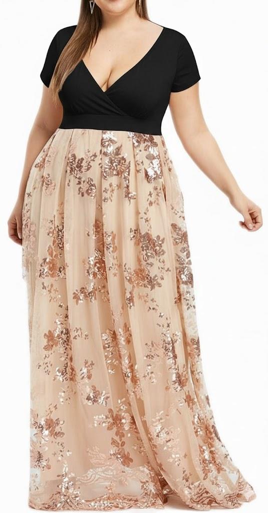 Hiuwa Women Plus Size Floral Sequined Maxi Dress Women Deep V Neck Short Sleeve Ladies Dresses Elegant Evening Party Dress