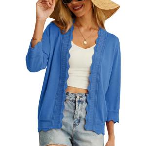 GRECERELLE Women Lightweight Summer Cardigan 3/4 Sleeve Open Front Scalloped Trim Knit Sweater Soft Cropped Bolero Shrug (XX-Large, Sky Blue)