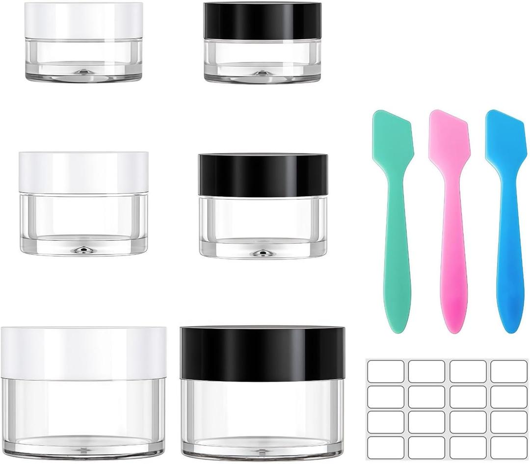 Premium Travel Size Containers for Toiletries, 3 Size 0.35/0.5/1 OZ Small Cosmetic Jars for Makeup Face Creams Lotion Moisturizer, 6 Pieces Jars with 2 Pieces Mini Spatulas