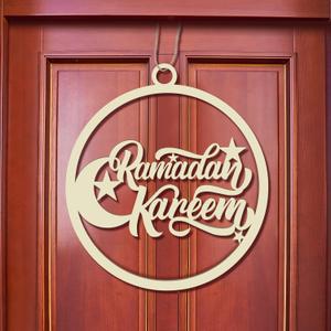 Queekay Ramadan Door Decoration Wooden Ramadan Mubarak Door Wreath Eid Mubarak Hanging Sign Moon Decorations for Islamic Muslim Home Wall Window Decor Supplies