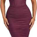 Women's Convertible Off Shoulder Neckline Special Occasion Party Ruched Bodycon Mesh Dress with Built-in Bra (Purple, L)