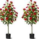 4FT Artificial Camellia Tree 2 Pack, Faux Floral Plant in Cement Pot Fake Silk Camellia Plants for Home House Living Room Office Decor