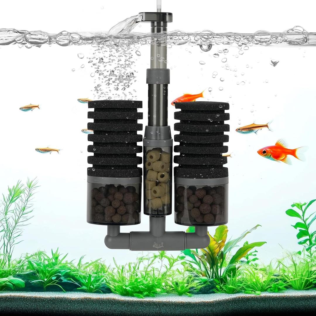 AQQA Aquarium Filter, Dual Sponge Fish Tank Filters (No Pump),Multi-Stage Filtration Clean Water, Adjustable 360Water Outlet, Air-Driven Dissolved Oxygen,Suitable for Freshwater and Saltwater S