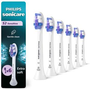 Philips Sonicare S2 Sensitive - Genuine Replacement Electric Toothbrush Heads, White, 6 Pack, HX6056/77