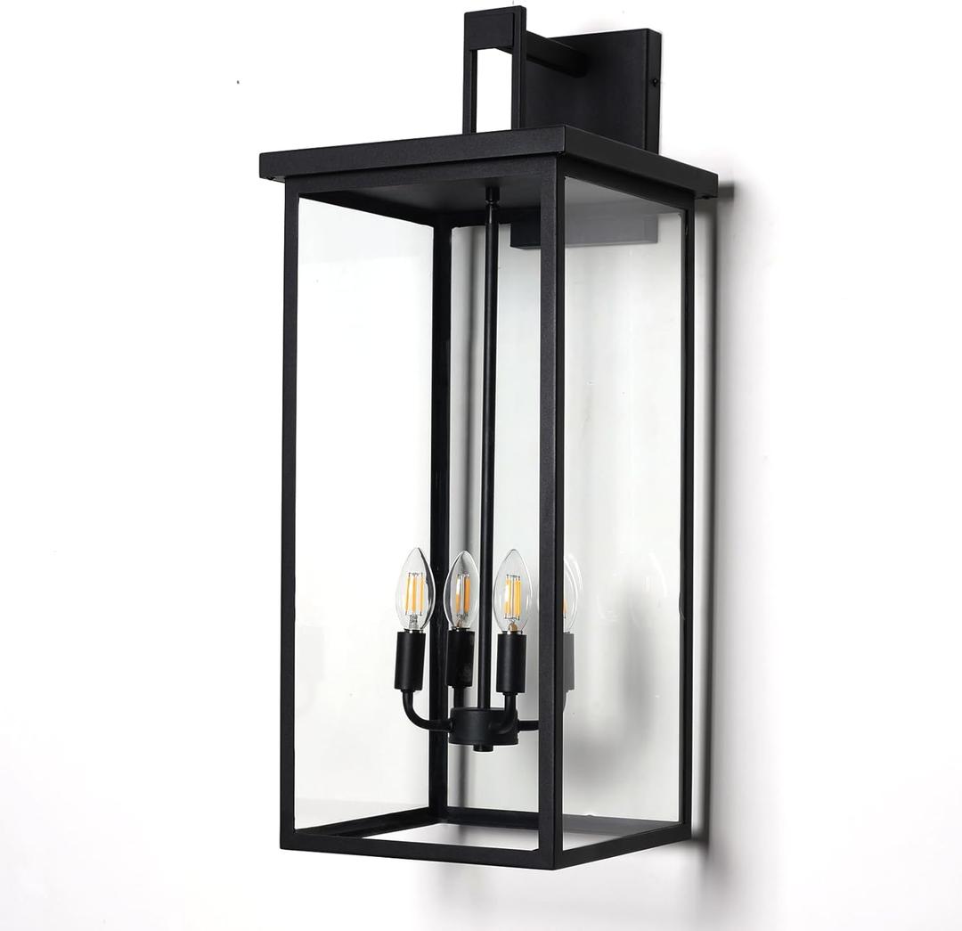 26 in Large Outdoor Wall Lantern, Modern Matte Black Exterior Light Fixtures for House with Clear Glass Shade, Large Outdoor Light Fixtures Wall Mount E12 Base Garage & Porch Wall Light