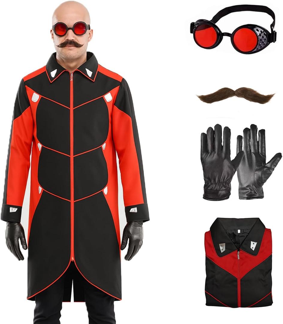 Adult Dr Villain Costume Cosplay Black Red Jacket Coat for Men Halloween Party Outfit with Jacket Gloves Glasses and Beard (Small, 4pcs)