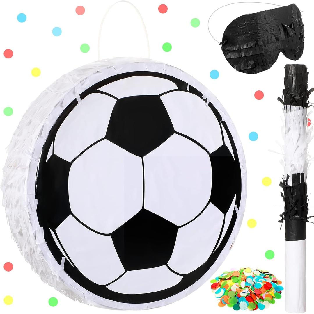 Sratte Soccer Piata with Stick Blindfold and Confetti,Soccer Ball Piata for Kids Birthday Decoration Sport Themed Party Supplies,11.8 x 11.8 x 3 Inch