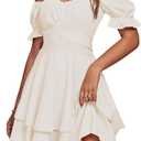 LYANER Women's Tie Back Off Shoulder Wrap Layer Ruffle Short Sleeve Mini Dress (Small, Beige)