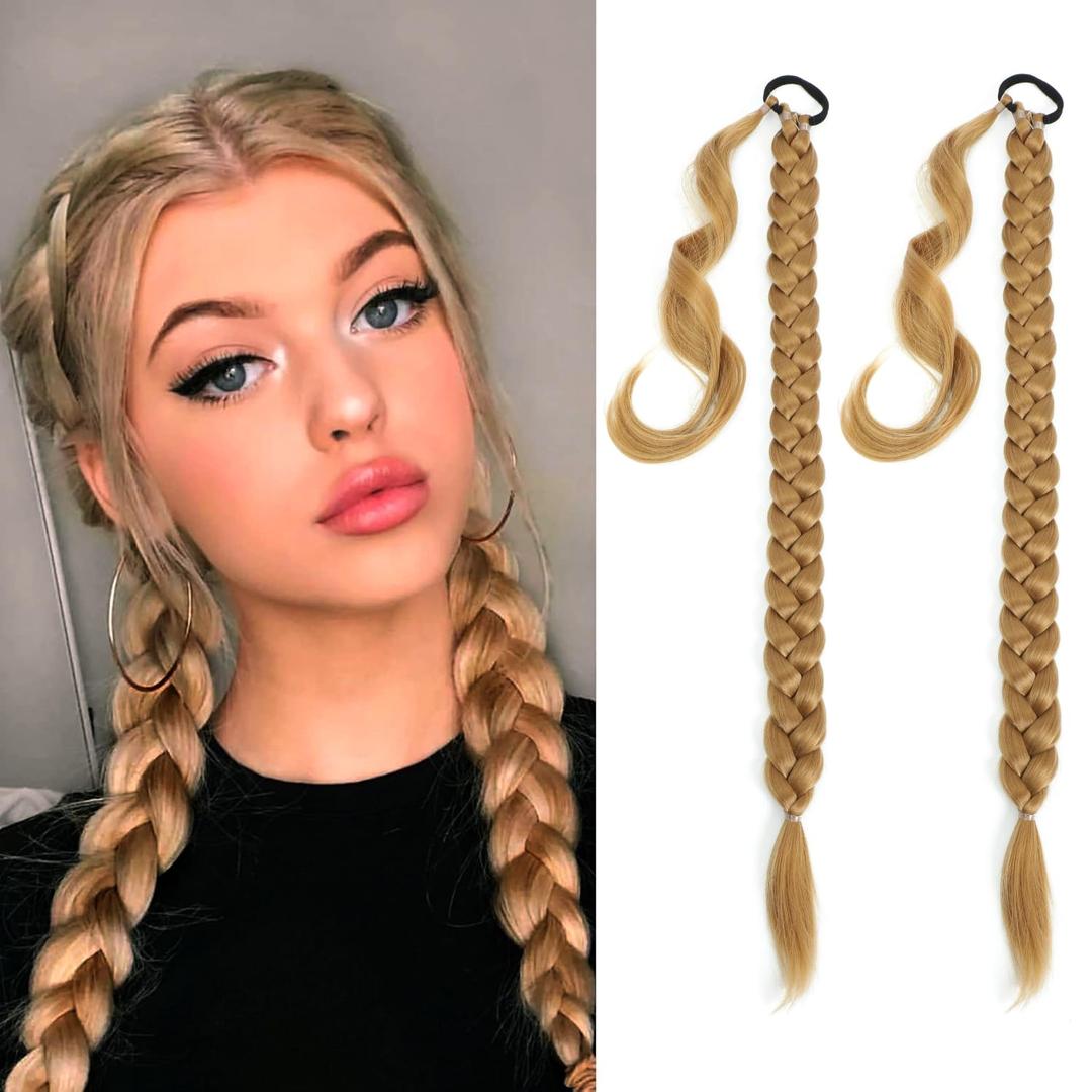 2 Packs 24 Inch Braided Ponytail Extension for Black Women Soft Synthetic Hair Piece For Women with Hair Tie Straight Wrap Around Ponytail pre Stretched (27#, 24 Inch (Pack of 2))
