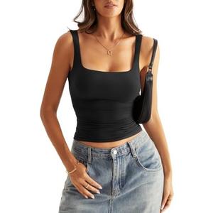Eachyes Womens Square Neck Double Lined Tank Tops Low Back Fitted Sleeveless Tops M, Black 