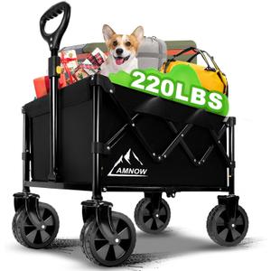 AMNOW Collapsible Folding Wagon Cart, 350 LBS Utility Large Capacity Cart Foldable Wagon with All Terrain Wheels Grocery Wagons Carts for Garden Shopping Sports Camping, Black