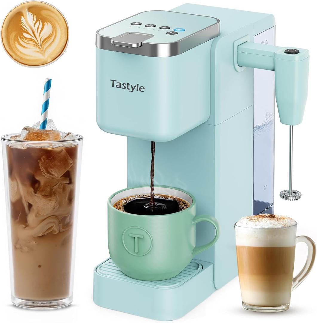 Tastyle Single Serve Coffee Maker with Built-in Detachable Milk Frother, Iced and Hot Coffee Machine for K Cup & Grounds, 40oz Removable Water Reservoir, 6 Cup Sizes, Fits 7.3" Travel Mug, Teal