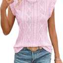 SHEWIN Women's Summer Tops Casual Crewneck Cap Sleeve Shirts Lightweight Crochet Knit Texture Tank Top Blouses (Pink) XL