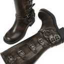 AMINUGAL Knee High Boots Women Square Toe Pull On Wide Calf Riding Fashion Buckles Chunky Metallic Casual Vintage Buckle Rivet (7)