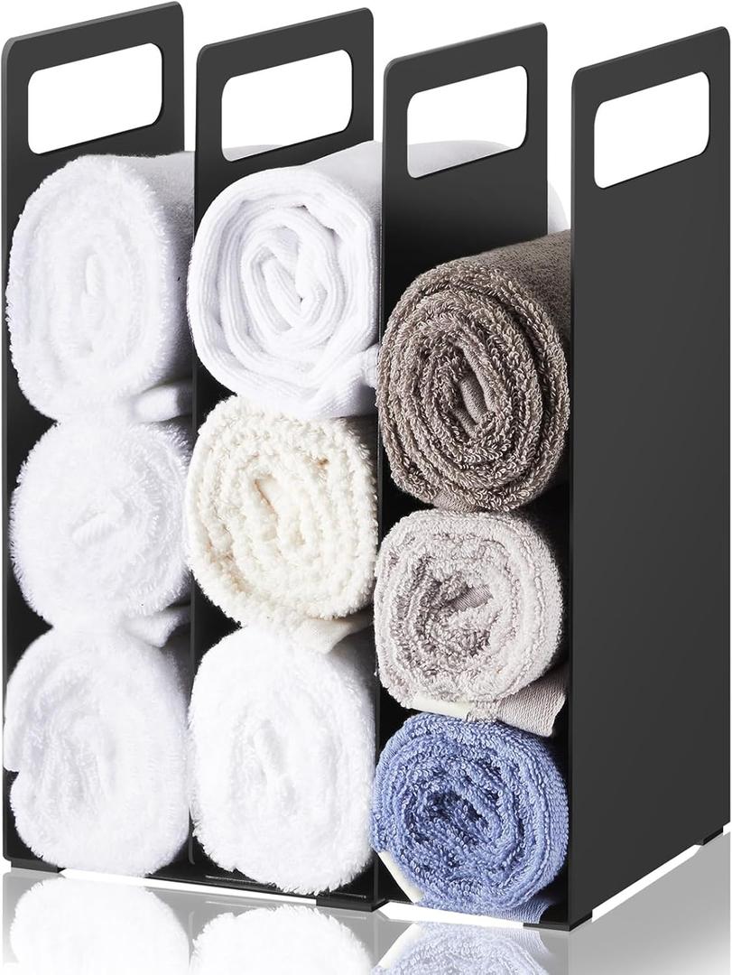 LEIFIDE Set of 2 Interlocking Towel Organizer Metal Bathroom Towel Storage Rack Shelf Dividers Organizers for Closet Home Space Saving (Black)