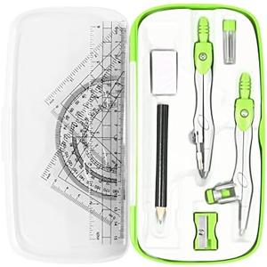 Vobou Math Geometry Kit Sets 10 Piece Student Supplies with Shatterproof Storage Box,Includes Rulers,Protractor,Compass,Eraser,Pencil Sharpener,Lead Refills,Pencil,for Drafting（Green）2pcs