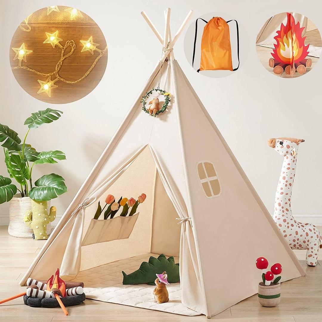 Tiny Land Teepee Tent for Kids with Star Lights, Foldable Play Tent for Girls & Boys, Washable Indoor Toddler Tent, Cozy Warm Reading Nook & Room Decor, 47.2l X 59h Inches