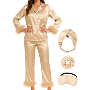 MEEYI Silk Pajamas for Women with Feather Trim Long Sleeve Satin Pajama Set 2 Piece Button Down Pjs Print Sleepwear (Medium, Champagne)