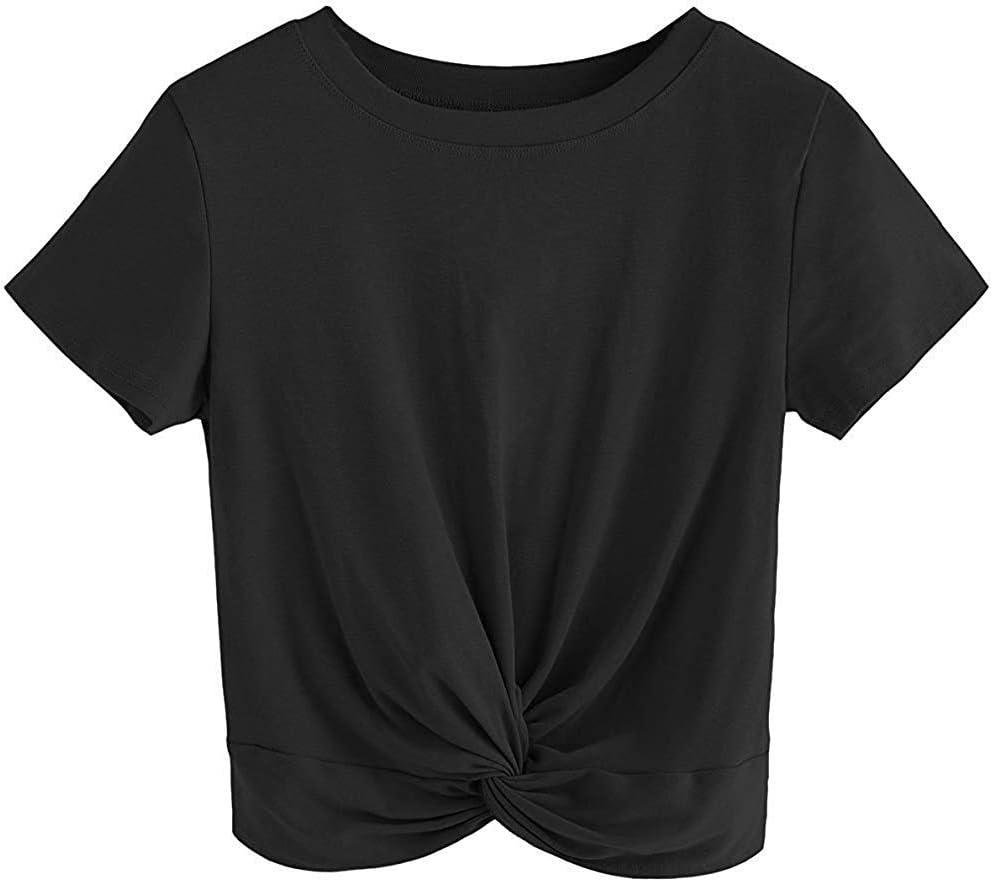 MakeMeChic Women's Summer Crop Top Solid Short Sleeve Twist Front Tee T-Shirt (Medium, Black)